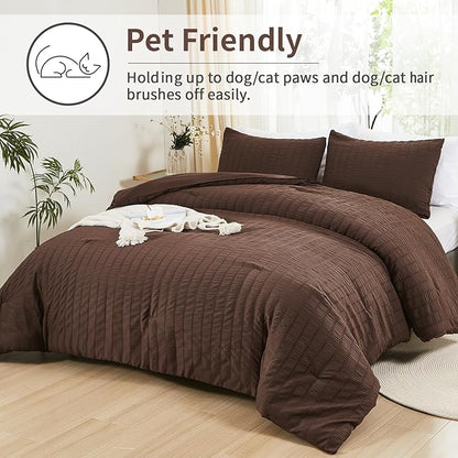 AveLom Brown Seersucker Full Comforter Set (80x90 inches), 3 Pieces-100% Soft Washed Microfiber Lightweight Comforter with 2 Pillowcases, All Season Down Alternative Comforter Set for Bedding