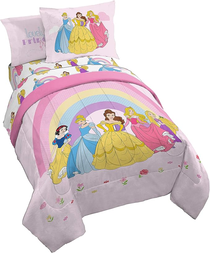 Jay Franco Disney Princess Rainbow 7 Piece Full Bed Set - Includes Comforter & Sheet Set - Bedding Features Aurora, Belle, & Cinderella - Super Soft Fade Resistant Microfiber