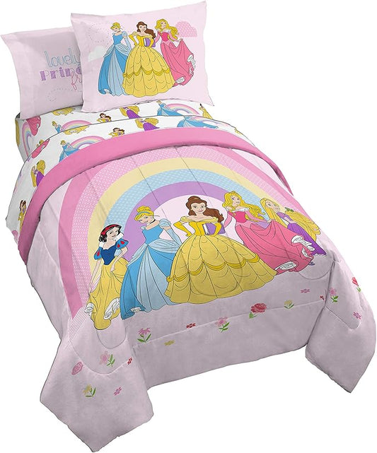 Jay Franco Disney Princess Rainbow 7 Piece Full Bed Set - Includes Comforter & Sheet Set - Bedding Features Aurora, Belle, & Cinderella - Super Soft Fade Resistant Microfiber