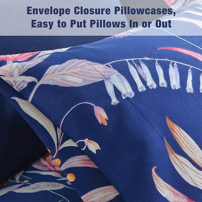 JSD Navy Floral Sheet Set Queen Size, 4 Piece Soft Printed Microfiber Sheets Extra Deep Pocket