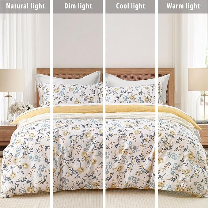 Yellow Floral Cotton Comforter King Size - Orange, Blue & Slate Gray Botanical Pattern on Off White, Reversible Design, 3PC Lightweight Bedding Set with Soft Alternative Fill (King)