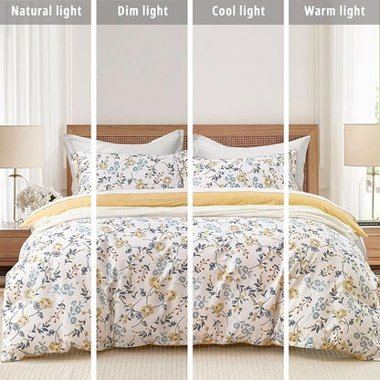 Yellow Floral Cotton Comforter King Size - Orange, Blue & Slate Gray Botanical Pattern on Off White, Reversible Design, 3PC Lightweight Bedding Set with Soft Alternative Fill (King)