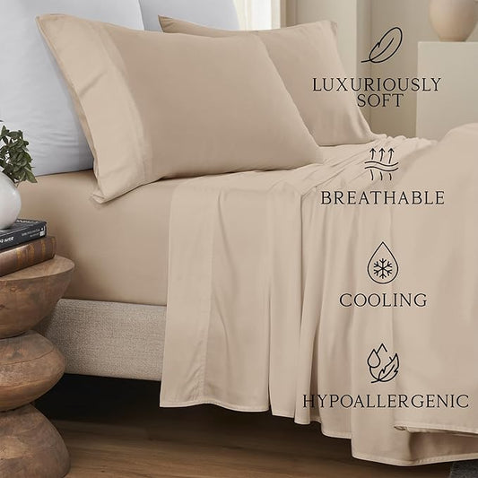 KARISSA MAE Cooling Bamboo Viscose King Size Sheet Set | 100% FSC Certified | 18” Deep Pocket | Silky, Soft, & Hypoallergenic | with Organizer Band & Elastic Corner Straps [Dune]