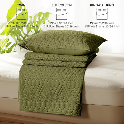 akkialla Full/Queen Size Quilt Bedding Set,Olive Green Lightweight Microfiber Soft Bedspread,Modern Style Geoetric Pattern Coverlet Set for All Seasons,3 Piece(1 Quilt,2 Pillow Shams)