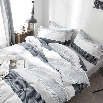 LifeTB Full Comforter Set Blue Grey Striped Bedding Comforter Set Lightweight Soft All Seasons Bedding Sets Fluffy Down Alternative Comforter 3 Pieces Bed Set 1 Striped Comforter with 2 Pillow Shams
