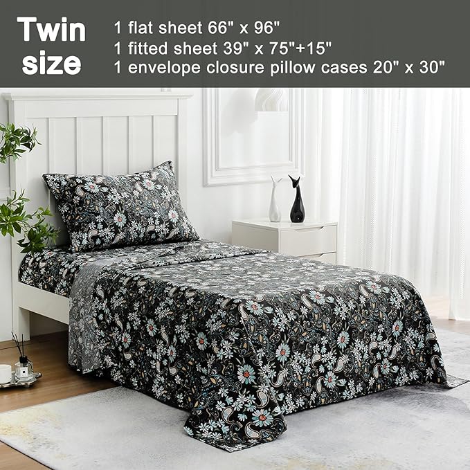 JSD Black Paisley Floral Printed Sheet Set Twin Size, 3 Piece Soft Pattern Microfiber Sheets Extra Deep Pocket