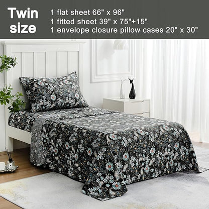 JSD Black Paisley Floral Printed Sheet Set Twin Size, 3 Piece Soft Pattern Microfiber Sheets Extra Deep Pocket