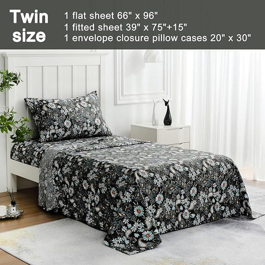 JSD Black Paisley Floral Printed Sheet Set Twin Size, 3 Piece Soft Pattern Microfiber Sheets Extra Deep Pocket