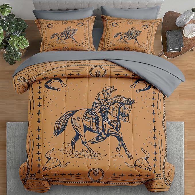 Comforter Set Queen Size, Western Cowboy Retro 7 Pcs Bedding for Kids and Adults, Vintage Horse Animal Bed Sheet Sets with Fitted Sheet 2 Pillowcases & 2 Shams for Bedroom Bed Decor