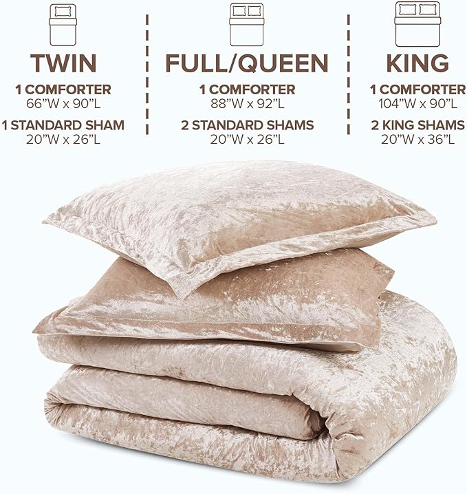 Comfort Spaces Luxe Queen Comforter Set Velvet Comforters for Queen Size Bed, Microfiber Reverse, Juliette, All Season Velvet Bedding Queen Size, Fluffy Bed Set, Sham, Full/Queen, Champagne 3 Piece