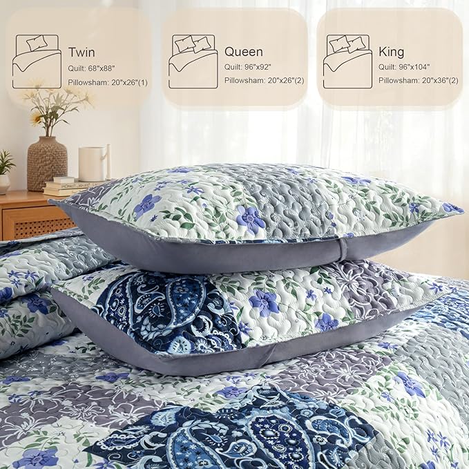 Whale Flotilla Patchwork Quilts Queen Size, Soft Boho Floral Bedspreads for Bed Reversible Lightweight Full Queen Quilt Bedding Set Coverlets with 2 Pillow Shams for All Seasons, Paisley Flowers