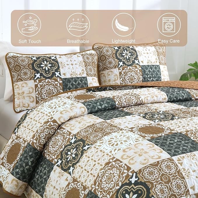 Dobuyly Brown Quilt Set King Size, Boho Plaid Patchwork Bedspreads Coverlet Set, 3 Pieces Soft Lightweight Microfiber Quilt Bedding Set for All Seasons 110"x90"