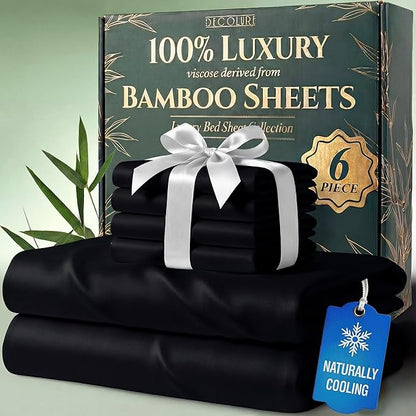 DECOLURE 100% Viscose Derived from Bamboo Sheets Full Size - Luxury 6 Pc Naturally Cooling Sheets, Ultra Soft Bed Set - Deep 17" Pockets, Durable Double Stitching, Oeko Tex Standard (Black)