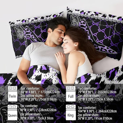 Purple Cheetah Print Comforter Set King Women Sexy High Heels Leopard Print Bedding Set Girls High Heels Leopard Comforter Quilt Animal Bedroom Decor Cheetah Bedding Bed Decor