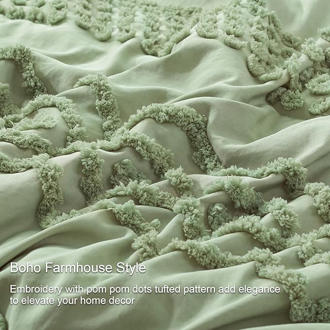 Luxudecor Sage Green Tufted Comforter Set Full Size 3 Pieces Boho Shabby Chic Comforter Farmhouse Embroidery Bedding Set Soft Comforter for All Seasons (Sage Green, 80''x90'')