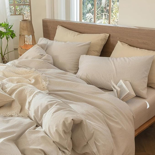 MooMee Bedding Pillowcases Striped Pack of 2 100% Washed Cotton Linen Like Textured Breathable Durable Soft Comfy (Tannish Linen Grey White Pinstripes, Standard)