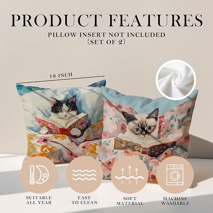 Funny Cat Reader Book Pillow Cover 18 x 18 Set of 2, Reading Nook Corner Decor, Gifts for Book Lovers, Preppy Floral Black White Cats Bookish Pillowcase（02）