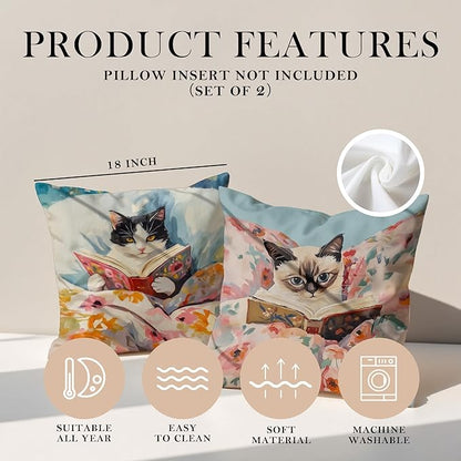Funny Cat Reader Book Pillow Cover 18 x 18 Set of 2, Reading Nook Corner Decor, Gifts for Book Lovers, Preppy Floral Black White Cats Bookish Pillowcase（02）