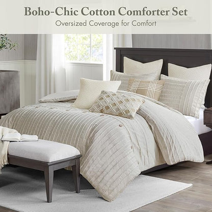 Madison Park Queen Comforter Set Clipped Jacquard Stripes with Buttons Boho Comforter for a Queen-Size Bed, Cotton Oversized Comforters with Removable Cover Boho Bedding, Queen Ivory 8 Piece