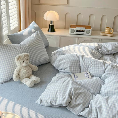VM VOUGEMARKET Blue White Gingham Duvet Cover Set,Soft Washed Cotton Bedding Set,Minimalist Plaid Bed Set with Pillowcases,Cozy Bedroom & Dorm Decor,King Size