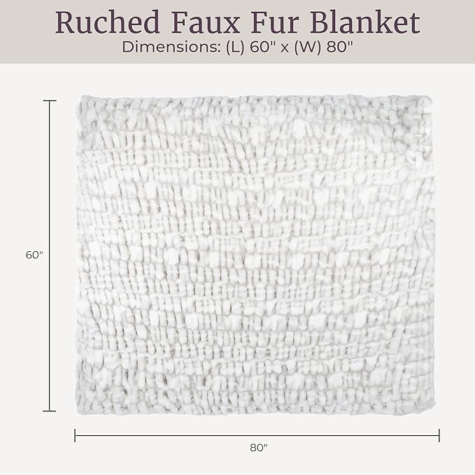 Oversized Ruched Faux Fur Blanket - 60x80-Inch Jacquard Faux Fur Queen-Size Throw for Sofas and Beds - Luxurious Bedding by Lavish Home (Gray)