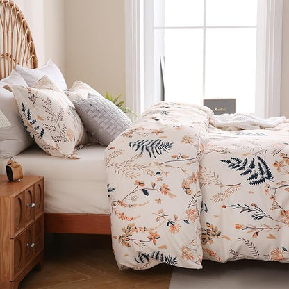 JSD Fall Floral Duvet Cover Set Queen Size, 3 Piece Boho Ferns Printed Microfiber Comforter Covers Zipper Closure