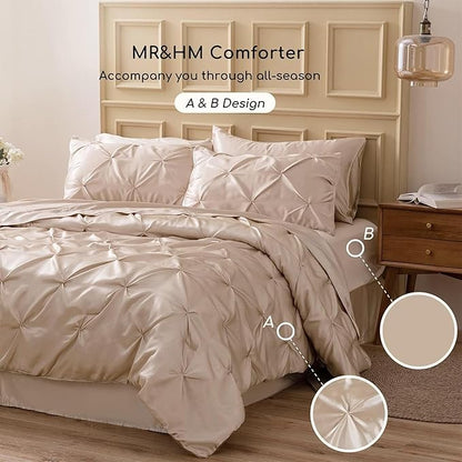 MR&HM Satin Comforter Set Oversized Queen, 7 Piece Bed in a Bag, Silky Soft All Season Bed Set, Luxury Pinch Pleat Bedding Set with Comforter, Sheets, Pillowcases & Shams, Champagne