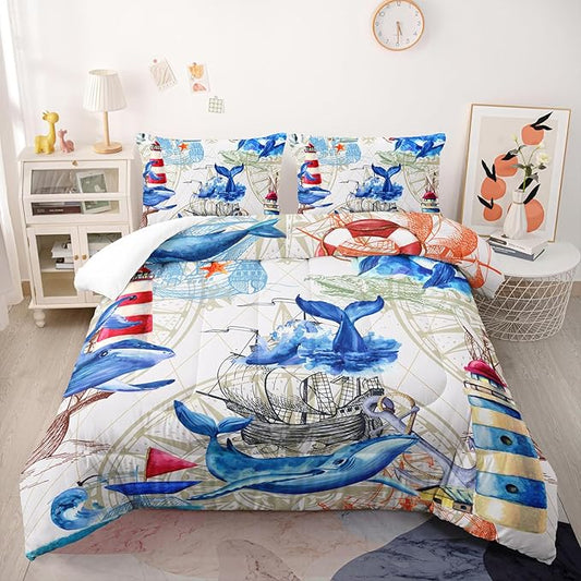 Nautical Whale Comforter Set Twin,Blue Whale Ocean Lighthouse 3 Pieces Bedding Set for Kids Boys Teens,Vintage Nautical Map Microfiber Lightweight Quilt Bedroom Decor with 2 Pillow Cases