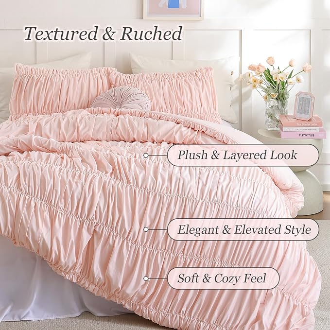 weigelia Cinched Comforter Set Queen - 3PCS Soft Cozy Blush Pink Queen Bedding Set with Decorative Ruched Design, Fluffy Lightweight All Season Cute Comforter for Elegant Home & Bedroom Decor