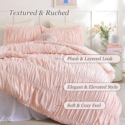 weigelia Cinched Comforter Set Queen - 3PCS Soft Cozy Blush Pink Queen Bedding Set with Decorative Ruched Design, Fluffy Lightweight All Season Cute Comforter for Elegant Home & Bedroom Decor