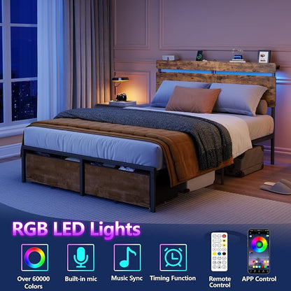 Forestell Full Size Bed Frame with Wood Headboard,2 Storage Drawers & Shelf | Built-in Charging Station & LED Lights, Metal Support, No Box Spring Needed, noise-free, easy assembly, Smart RGB, USB+Type-C