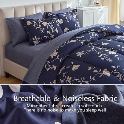 AIKASY Bed in a Bag King Comforter Set，7 Pieces Floral Comforter Set Bedding Sets with (1 Comforter, 2 Pillow Shams, 1 Flat Sheet, 1 Fitted Sheet, 2 Pillowcases) (Navy, King)