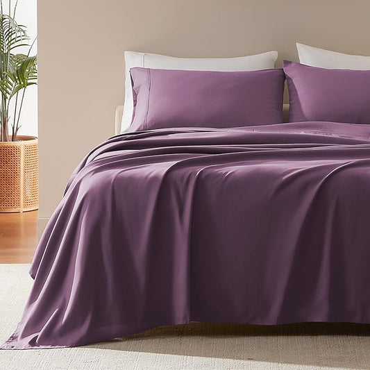 SLEEP ZONE Nanotex Super Soft Cooling Queen Bed Sheets Set 4 Piece - Easy Care Fitted Flat Sheet & Pillowcase Sets - Wrinkle Free, Fade Resistant, Deep Pocket 16" (Purple, Queen)