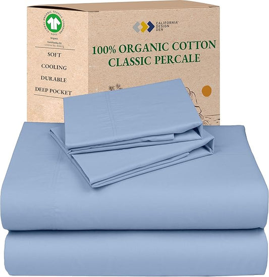 California Design Den California King Sheet Sets - Soft 100% Organic Cotton Sheets, Crisp and Cool Percale, Deep Pockets with Anti-Skid Elastic, Breathable and Durable Bedding Set - Light Blue