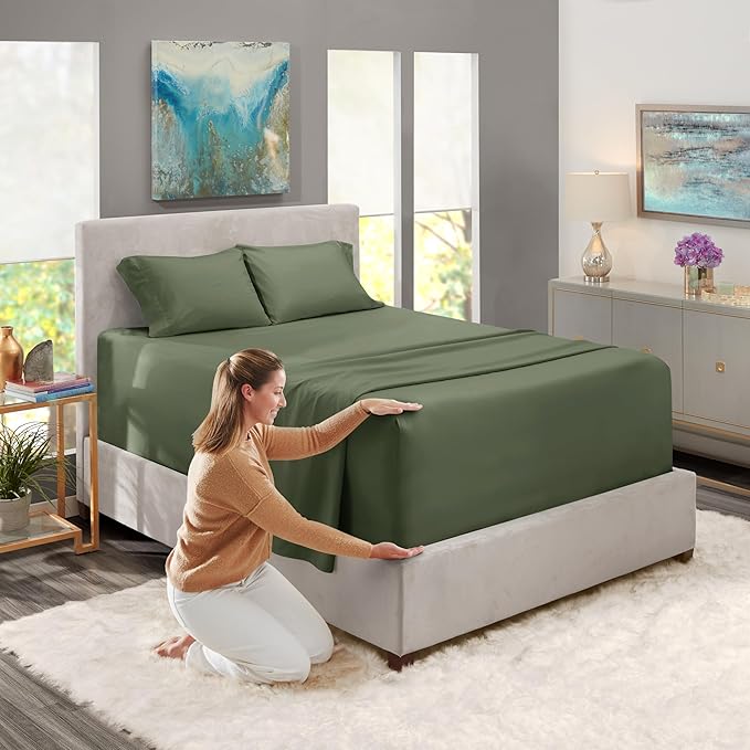 Nestl Twin Size Sheet Set, 4 Piece Extra Deep Pocket (18-24 inches), Microfiber, Hotel Luxury, Soft, Breathable, Wrinkle-Free, Easy to Care, Olive Green