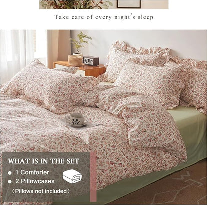 VM VOUGEMARKET Red Flower Comforter Set King Aesthetic Bedding Set Garden Style Blooming with Ruffled Pillow Shams for Girls Women Bed in a Bag King Comforter Set-104x90 Inch
