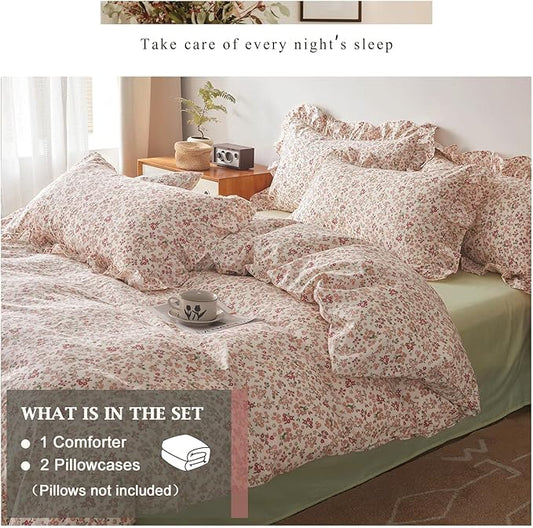 VM VOUGEMARKET Red Flower Comforter Set King Aesthetic Bedding Set Garden Style Blooming with Ruffled Pillow Shams for Girls Women Bed in a Bag King Comforter Set-104x90 Inch