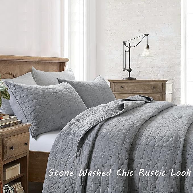 HORIMOTE HOME Quilt Set Queen Size, Stone-Washed Chic Rustic Grey Coverlet with Classic Triangle Stitched Pattern, Ultra Soft Lightweight Quilted Bedspread for All Season, 3 Pieces