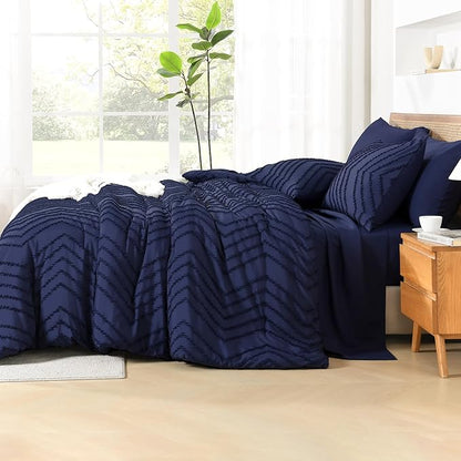 Litanika Oversized King Size Comforter Set with Sheets Navy Blue - 7 Pieces Bed in a Bag Oversized King Boho Tufted Complete Bedding Sets with Comforter, Sheets, Pillowcases & Shams