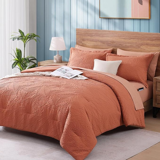 Geniospin Queen Size Comforter Set - 7 Pieces Burnt Orange Bedding Set, Botanical Textured Comforter Set, All Season Lightweight Bed in a Bag with Comforter, Sheets, Pillowcases & Shams