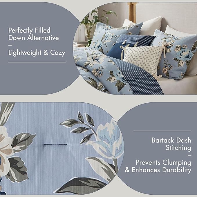 Madison Park Queen Comforter Set Vintage Floral Reversible Comforters Queen Size Bed, All Season, Down Alternative Bedding Queen Size Comforter, Bedskirt, Pillows, Shams, Salara, Queen Blue 7 Piece