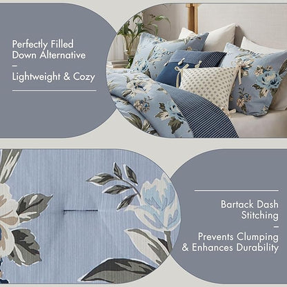 Madison Park King Comforter Set Vintage Floral Reversible Comforter, All Season, Down Alternative Bedding Comforter, Bedskirt, Pillows, Shams, Salara, King Blue 7 Piece