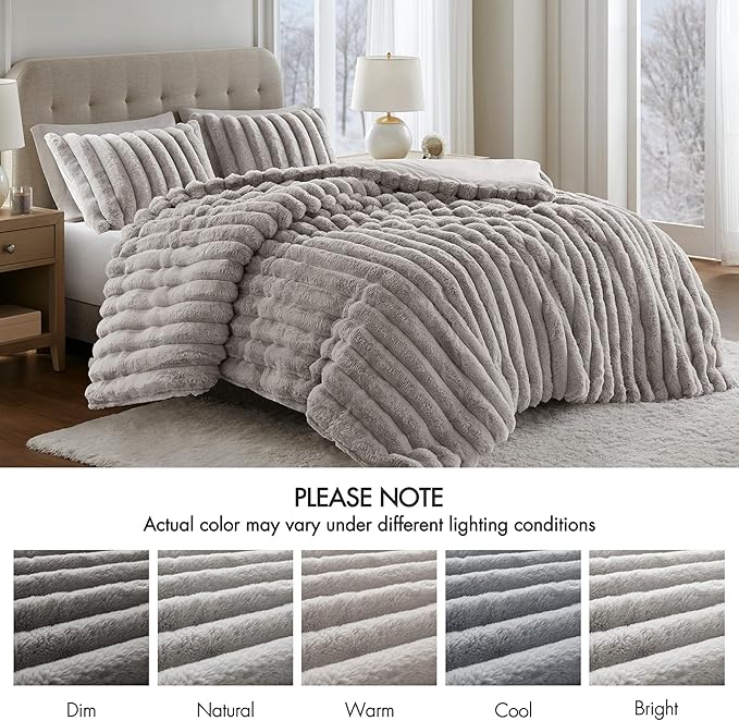 Madison Park Jasmine Queen Comforter Set, Luxurious Reversible Faux Fur Plush Ribbed Velvet Bedding, Fuzzy Thick Warm Winter Comforter, Super Soft Fluffy 3-Piece Set Light Grey