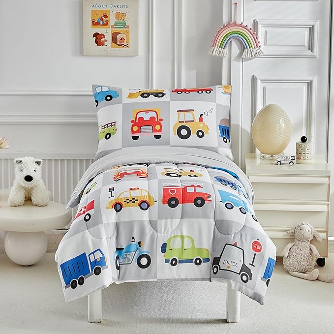 White Gray Toddler Bedding Set for Boys Girls Colorful Cars Vehicle Auto Fire Engine Bulldozer 4PC Toddler Bed Set - Soft Cute Toddler Plaid Patchwork Bed in a Bag with Sheet Set and Pillow Shams
