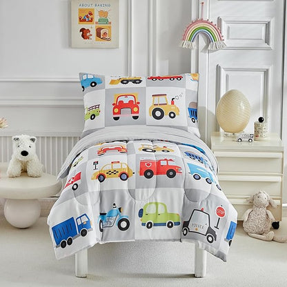 White Gray Toddler Bedding Set for Boys Girls Colorful Cars Vehicle Auto Fire Engine Bulldozer 4PC Toddler Bed Set - Soft Cute Toddler Plaid Patchwork Bed in a Bag with Sheet Set and Pillow Shams