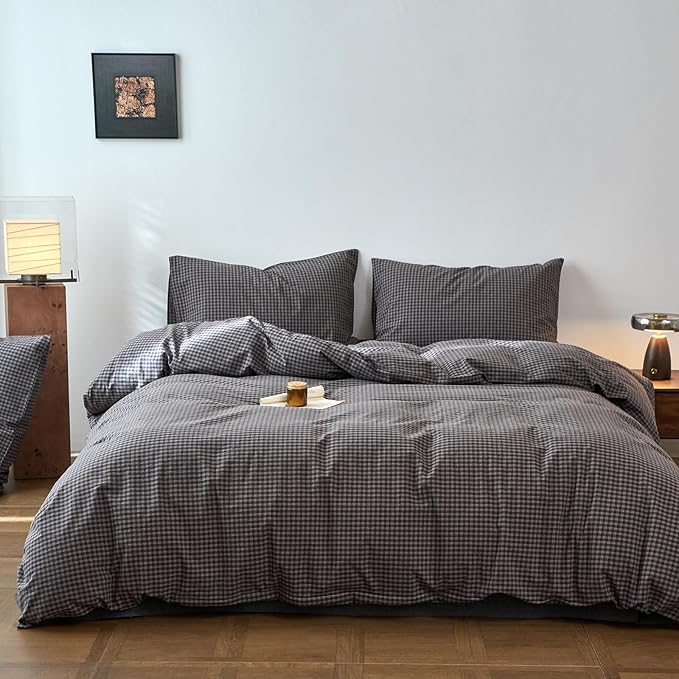 Gingham Duvet Cover Twin Grey Washed Cotton Comforter Cover Twin Plaid Checkered Pattern Vintage Duvet Cover Set with Hidden Zipper Farmhouse Boho Bedding Set for Adults Duvet Protector