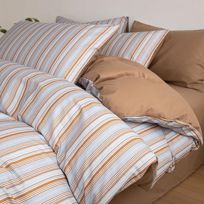 Striped Duvet Cover Twin XL Light Blue Caramel Brown Comforter Cover Twin XL Cotton Boho Soft Vintage Duvet Cover Set with 2 Pillow Cases Vertical Stripe Bedding Set Pattern Duvet Protector