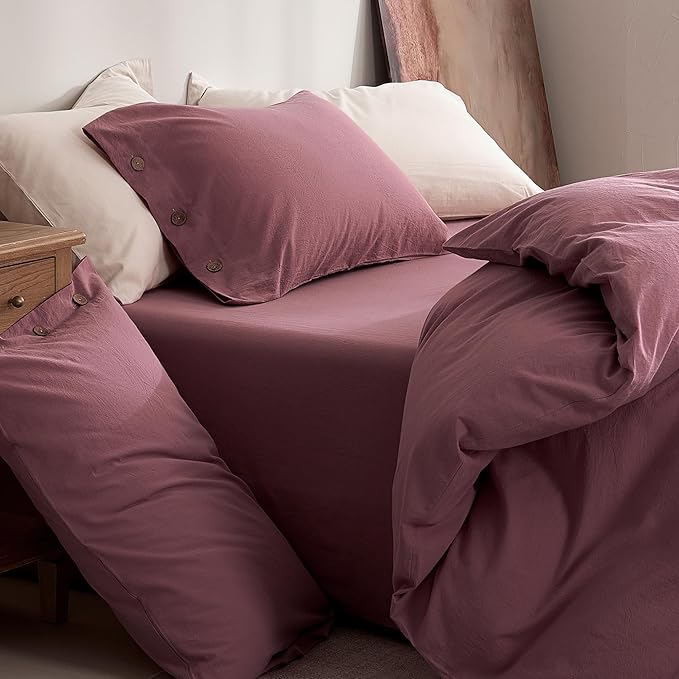 JELLYMONI 100% Washed Cotton Duvet Cover King – Soft, Breathable Linen-Look Bedding with Natural Wrinkle Texture, Button Closure, 3-Piece Set (Deep Rose, 104"x90")