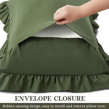 KKJIAF Ruffle Pillow Cases King Size Set of 2, Ruffled Pillow Covers with Envelope Closure, Wrinkle Resistant Pillowcases 20" x 36", Ruffled Pillow Shams, Olive Green