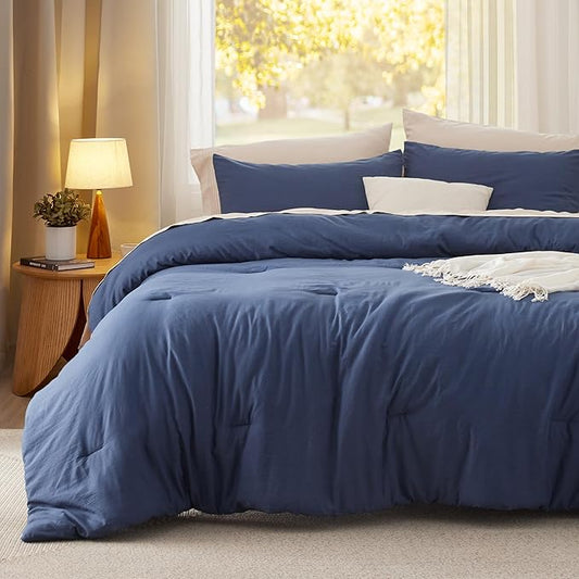 Bedsure Queen Comforter Set, Navy Soft Prewashed Bedding for All Seasons, 3 Pieces GentleSoft™ Bed Set, 1 Lightweight Comforter (90"x90") and 2 Pillowcases (20"x26")
